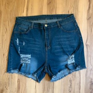 SHEIN High Rise Distressed Dark Wash Denim Shorts